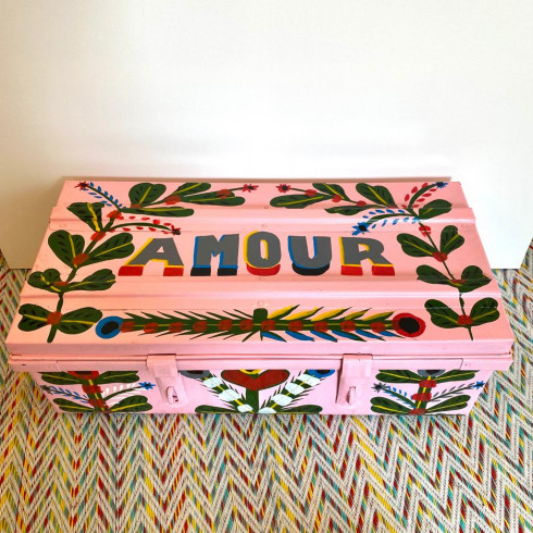 Iron trunk, painted with drawings,...