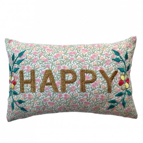 Mini embroidered cushion HAPPY