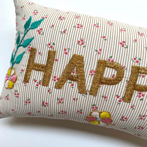 Mini embroidered cushion HAPPY