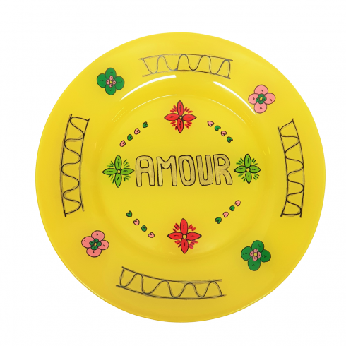 Hand painted yellow Plate painted AMOUR