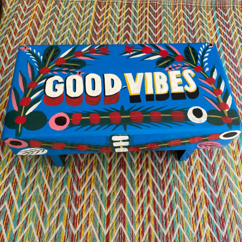 Hand painted blue stool GOOD VIBES