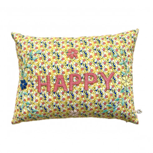 Happy embroidered cushion
