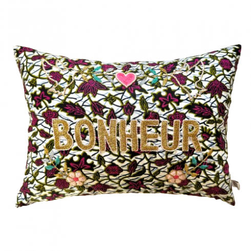 Coussin brodé BONHEUR