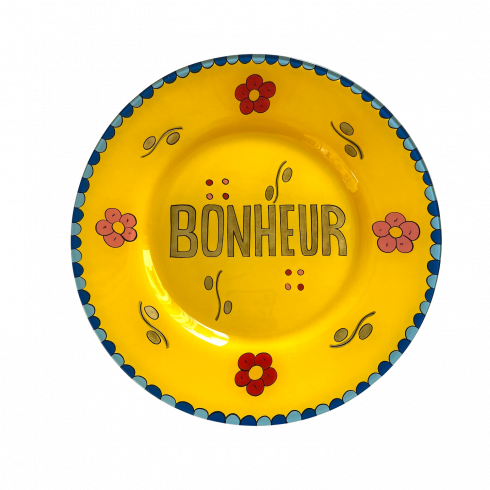 Hand painted yellow plate BONHEUR