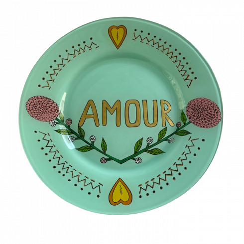 Hand painted green plate AMOUR ❤